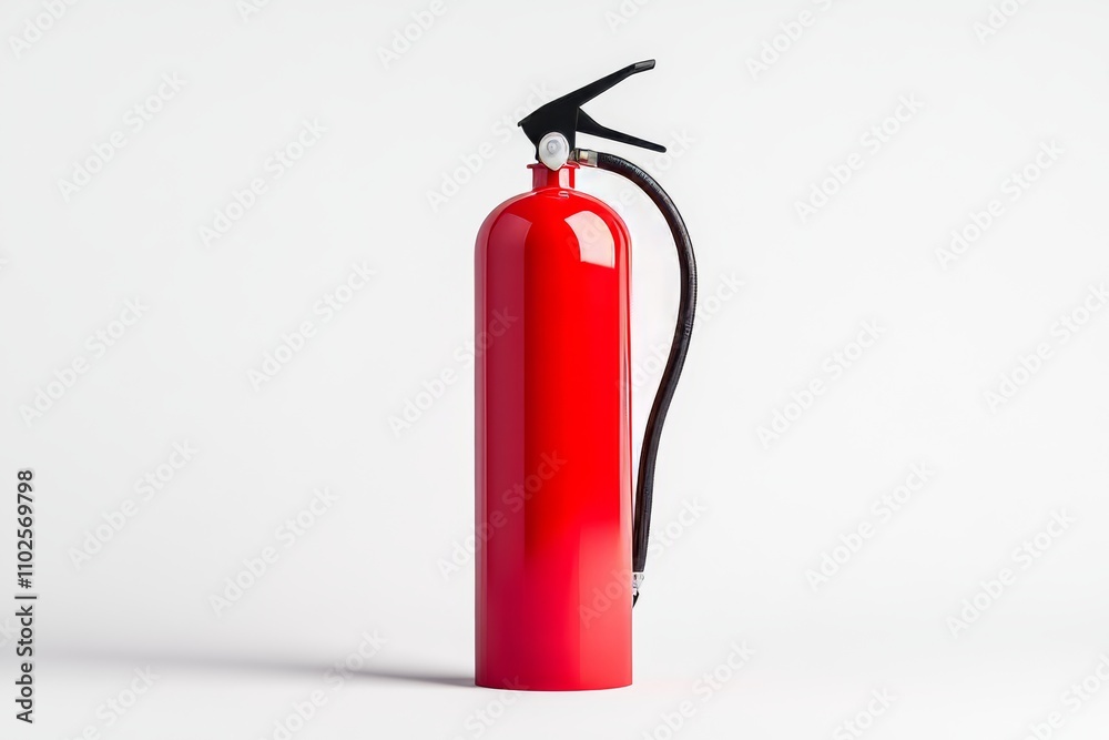 A red fire extinguisher sits on a white background A red fire extinguisher sits on a white background