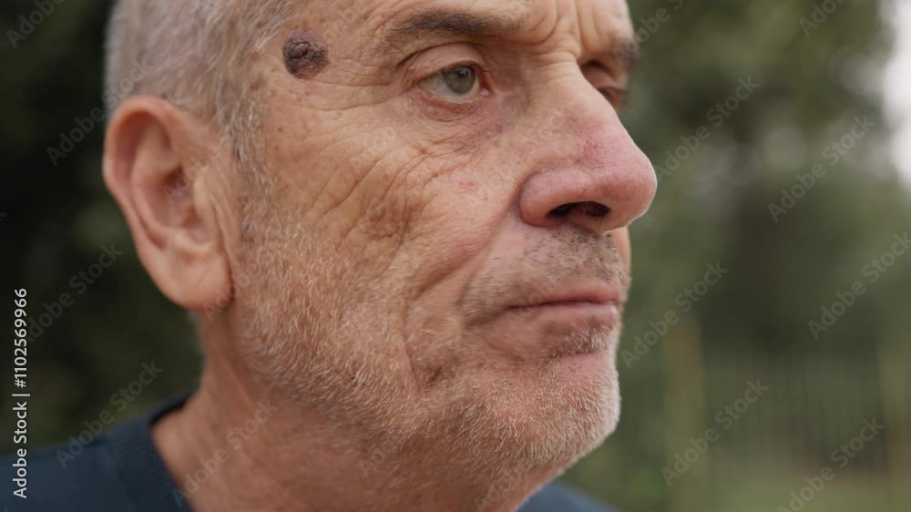 A Seated Elderly Man Chewing Good Food In The Nature Outside A Seated Elderly Man Chewing Good Food In The Nature Outside