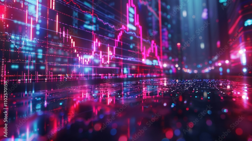 Fototapeta premium Futuristic city reflecting vibrant stock market data on a reflective surface.