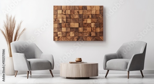 3D Rendering Wooden wall art mockup in a room with armchairs and a coffee table, against a white background