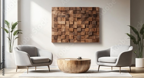 3D Rendering Wooden wall art mockup in a room with armchairs and a coffee table, against a white background