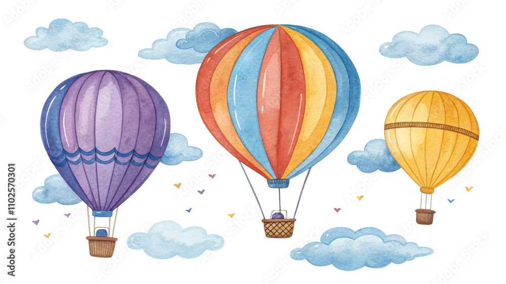 Obraz premium Watercolor Hot Air Balloons Clipart with Clouds and Hearts, balloons, watercolor, clipart, clouds 