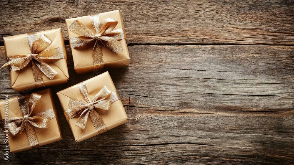 Elegant gift boxes with bows on rustic wooden background Elegant gift boxes with bows on rustic wooden background