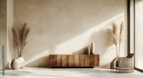 3D rendering of modern interior design with wooden sideboard on light beige wall background