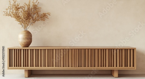 3D rendering of modern interior design with wooden sideboard on light beige wall background