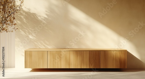 3D rendering of modern interior design with wooden sideboard on light beige wall background