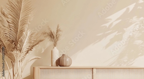 3D rendering of modern interior design with wooden sideboard on light beige wall background