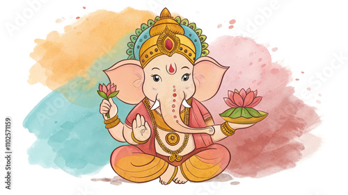 Front View Watercolor Ganesha Illustration, Colorful Composition, Lotus Flower Details, Isolated on White Background, Hindu GodGanesha, Watercolor, Hindu, Deity