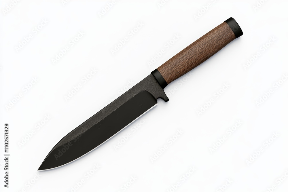 A knife with a wooden handle is shown on a white background A knife with a wooden handle is shown on a white background