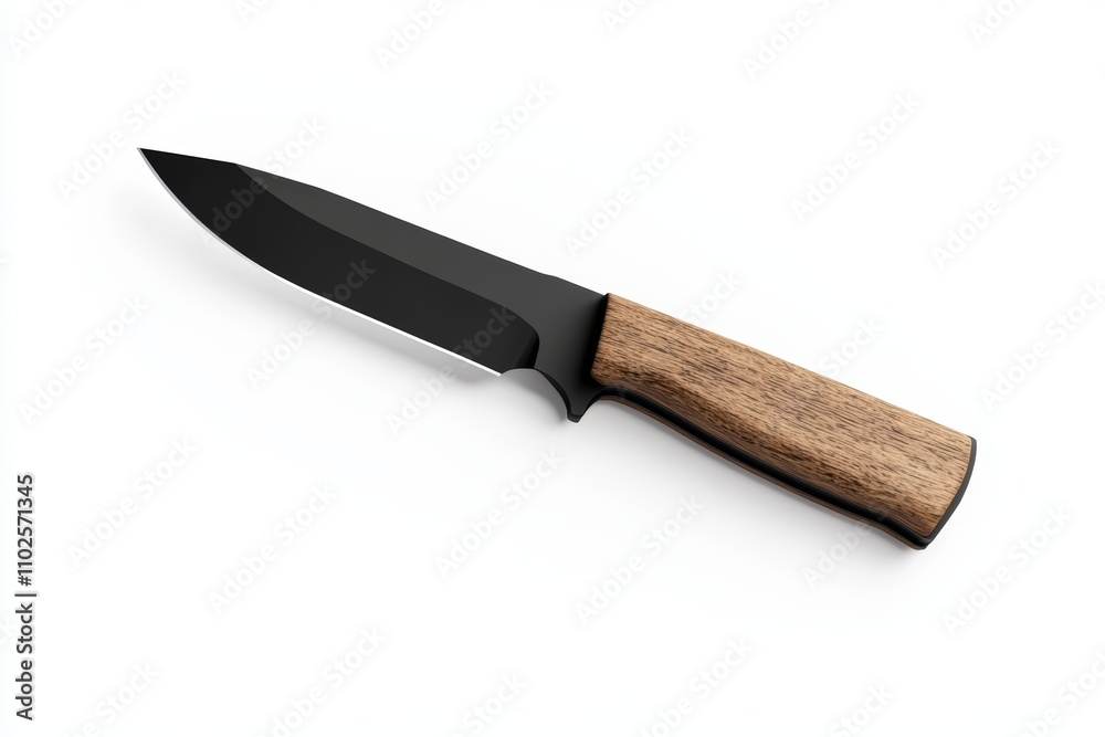A knife with a wooden handle and a black blade A knife with a wooden handle and a black blade