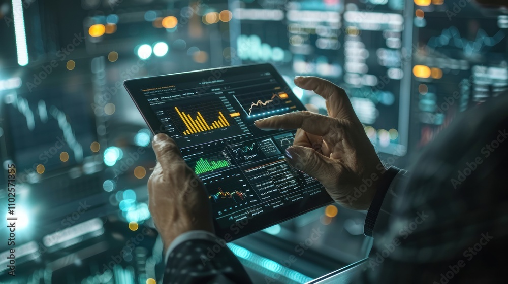 Hands using tablet displaying financial data charts and graphs in a dark futuristic setting. Hands using tablet displaying financial data charts and graphs in a dark futuristic setting.