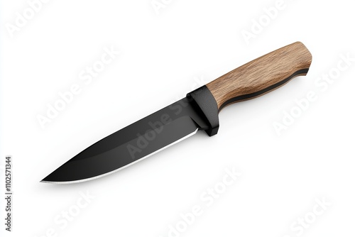 A knife with a wooden handle and a black blade