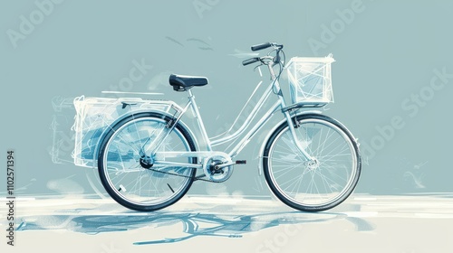 Elegant white bicycle with basket, side bags, and artistic rendering. photo