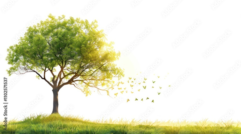 Fototapeta premium Lush green tree with butterflies on a sunny day, isolated on white.