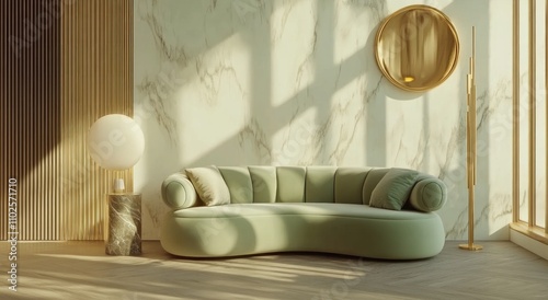 3D Rendering Modern living room interior with green sofa and pastel-colored wall
