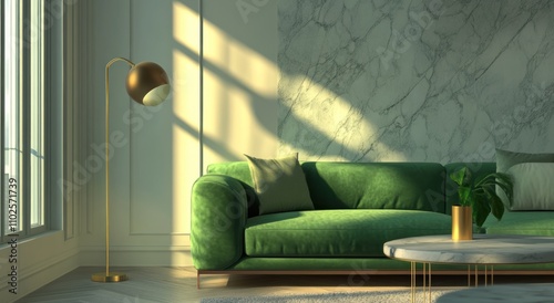 3D Rendering Modern living room interior with green sofa and pastel-colored wall