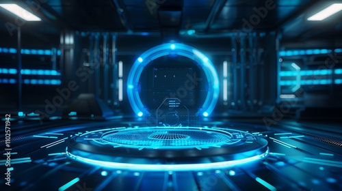 A futuristic technological interface featuring glowing blue elements and a circular portal in a sleek environment.