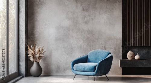 Modern interior design background with a blue armchair and a grey wall - Scandinavian home decor
