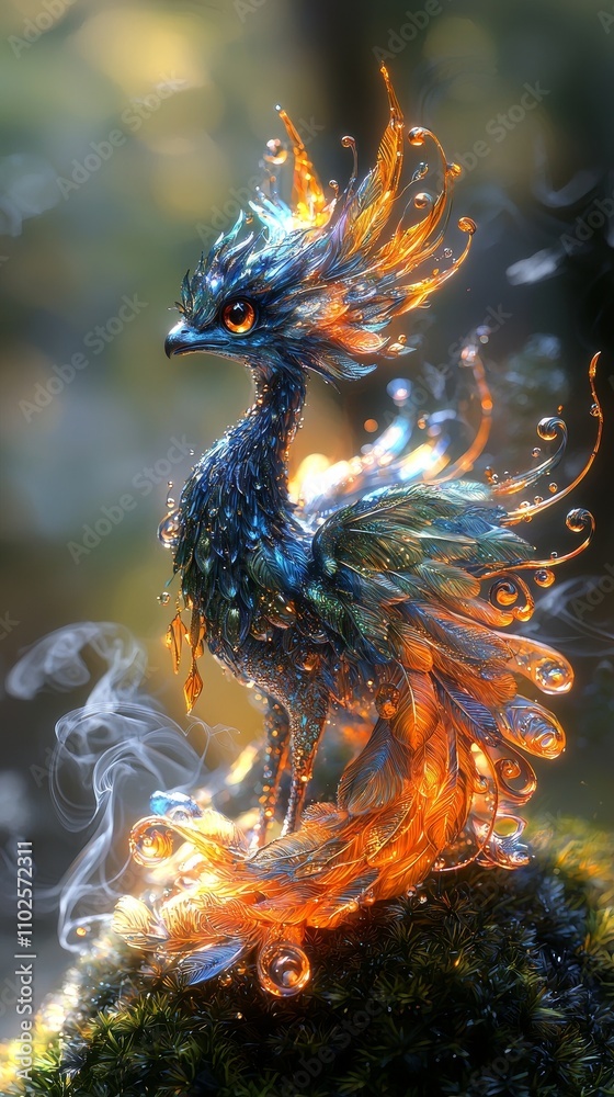 Fototapeta premium Colorful Fantasy Bird with Sparkling Feathers and Glowing Details in Ethereal Forest Setting, Symbolizing Magic and Wonder of Nature