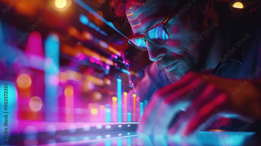 Focused man analyzing vibrant data graphs on a screen.