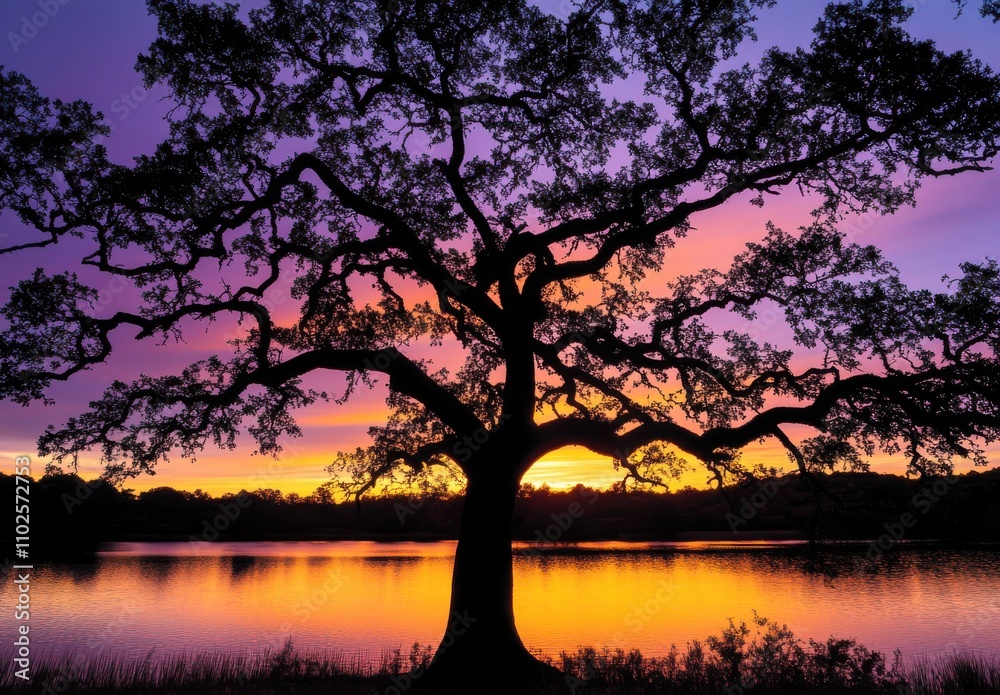 Majestic Silhouette of an Oak Tree Against a Vibrant Sunset Over a Serene Lake Filled with Reflections of Colorful Clouds and the Setting Sun Majestic Silhouette of an Oak Tree Against a Vibrant Sunset Over a Serene Lake Filled with Reflections of Colorful Clouds and the Setting Sun