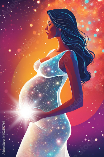 Beautiful Pegnancy Art, Brown Pregnant Woman with Glowing Baby Bump, White Sparkle Maternity Dress, Sparkle Abstract Background	 photo