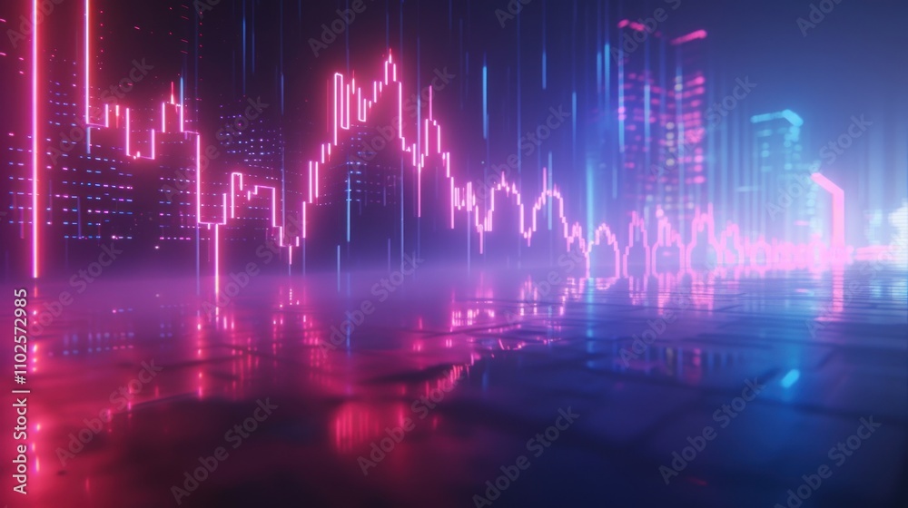 Neon cityscape with glowing financial chart reflecting on wet ground.