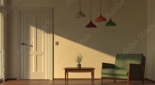 3D Rendering simple living room with an empty cream-colored wall, a green armchair, and a coffee table