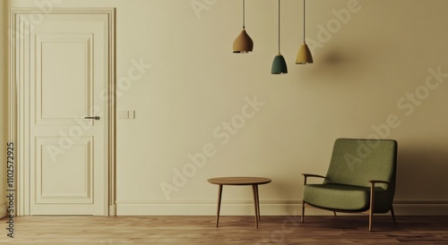 3D Rendering simple living room with an empty cream-colored wall, a green armchair, and a coffee table