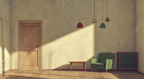 3D Rendering simple living room with an empty cream-colored wall, a green armchair, and a coffee table