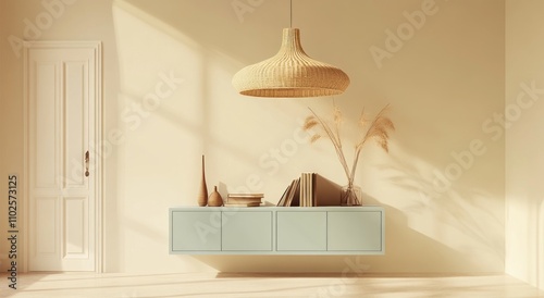 3D rendering of light blue sideboard with books and vases stands against the wall of an empty room