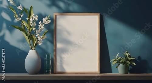 3D rendering of a wooden frame mockup on a shelf with a vase and flower against a dark blue wall background
