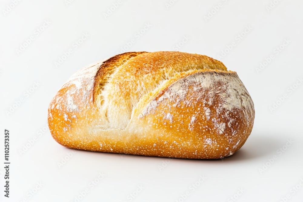 A loaf of bread with a crusty edge sits on a white background A loaf of bread with a crusty edge sits on a white background