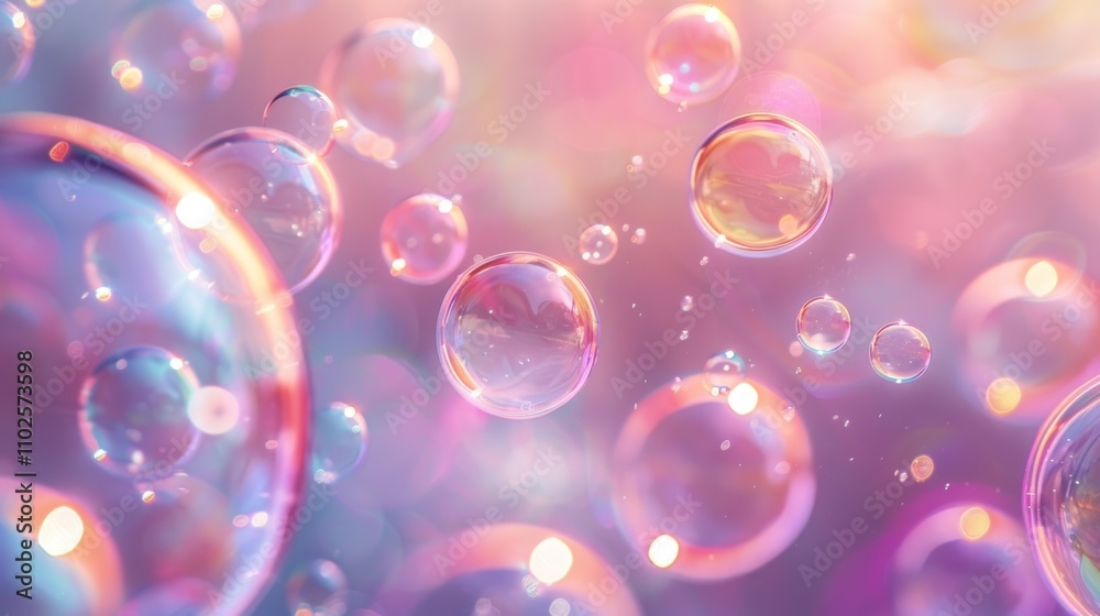 Sparkling iridescent soap bubbles floating on a pastel pink background. Sparkling iridescent soap bubbles floating on a pastel pink background.