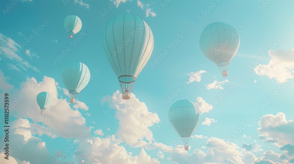 Obraz premium Pastel hot air balloons float in a bright blue sky with fluffy clouds.