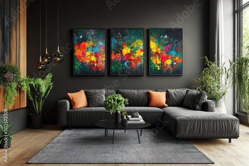 Living room with 3 three accent canvas square painting picture. Frames for art on a black wall. Gallery in dark colors with a gray sofa or couch. Rich exhibition mockup layout triptych photo