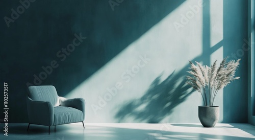 3D rendering of a blue wall mockup in a modern interior with an armchair and decorative elements 
