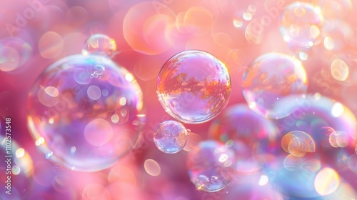 Colorful soap bubbles floating in soft light.