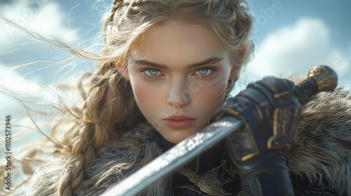 Young Warrior Woman with Braided Hair and Sword Against Sky Background, Exuding Strength, Power, and Determination in a Fantasy Setting photo