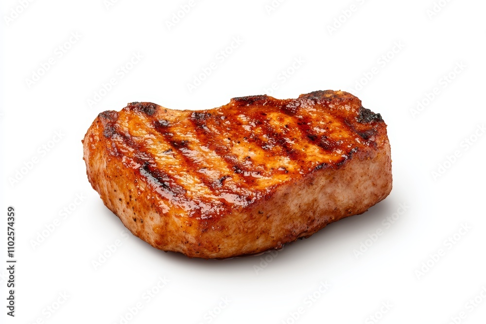 A piece of meat is grilled and has a lot of sauce on it A piece of meat is grilled and has a lot of sauce on it
