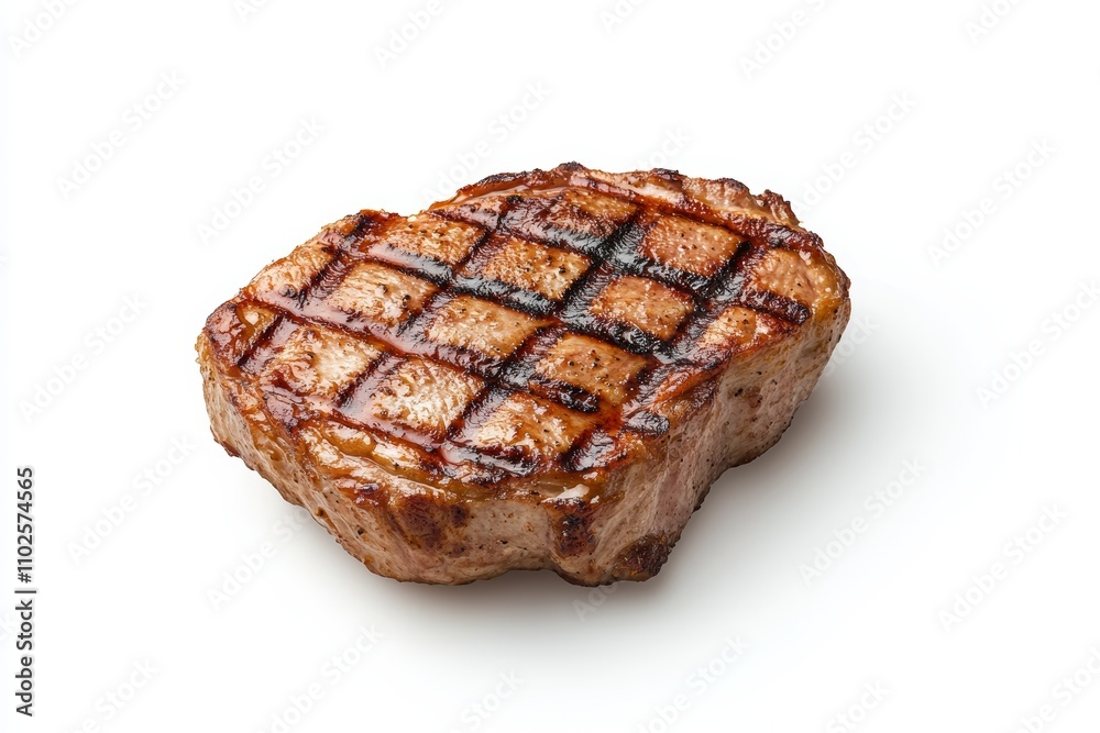 A piece of meat is grilled and has a lot of black grill marks A piece of meat is grilled and has a lot of black grill marks