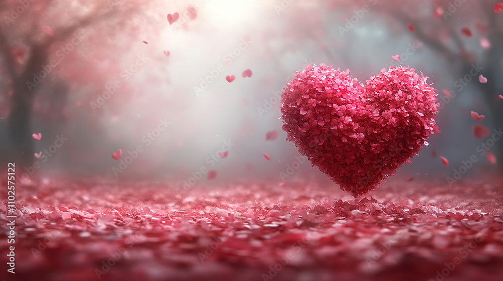 Heart shaped flower arrangement in a dreamy pink landscape with falling petals during daylight. Generative AI