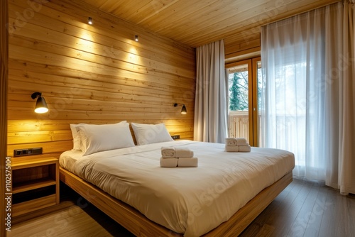 Modern bedroom interior with wooden walls, a double bed with white linen, and warm ambient lighting. 