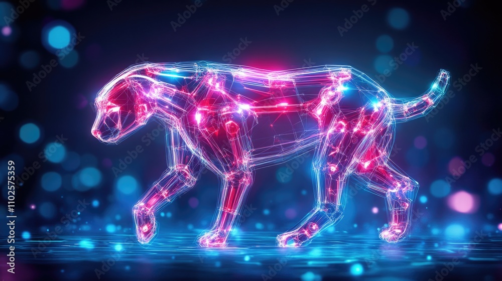 Futuristic neon dog hologram on a glowing digital background Futuristic neon dog hologram on a glowing digital background