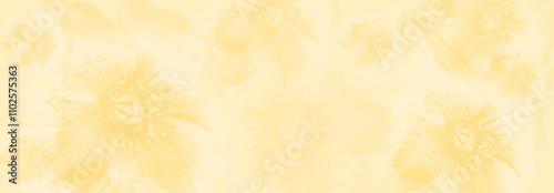 Dreamy blurred yellow gradient background with merging in a pale colored flower composition. Peaceful or serene backgrounds. Template banner. Frame with soft pastel floral pattern