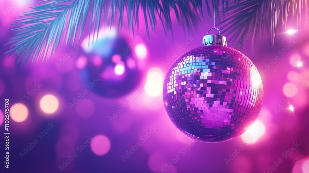 Obraz premium Vibrant christmas ornament with pink disco ball and bokeh background