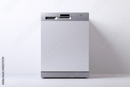 A white dishwasher with a digital display sits on a white wall