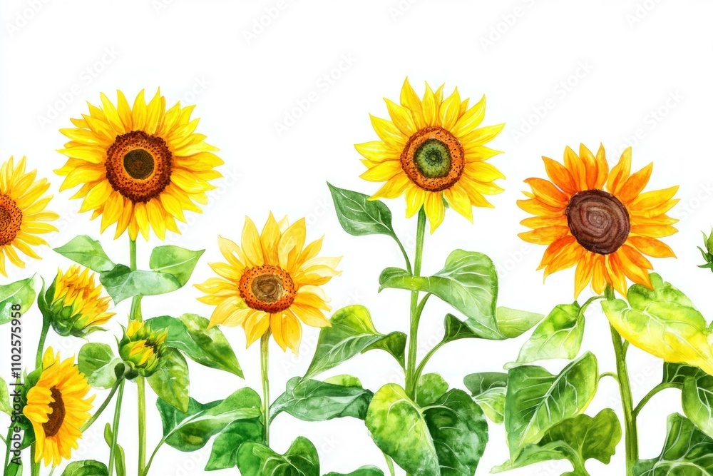 Fototapeta premium Vibrant yellow sunflowers with green leaves against a white background, symbolizing joy and positivity in nature. Perfect for cheerful floral designs.