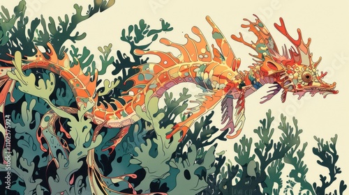 Leafy seadragon camouflaged in vibrant seaweed. photo