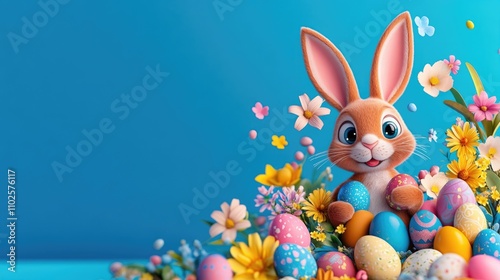 Cheerful cartoon bunny surrounded by colorful easter eggs and spring flowers. Happy Easter